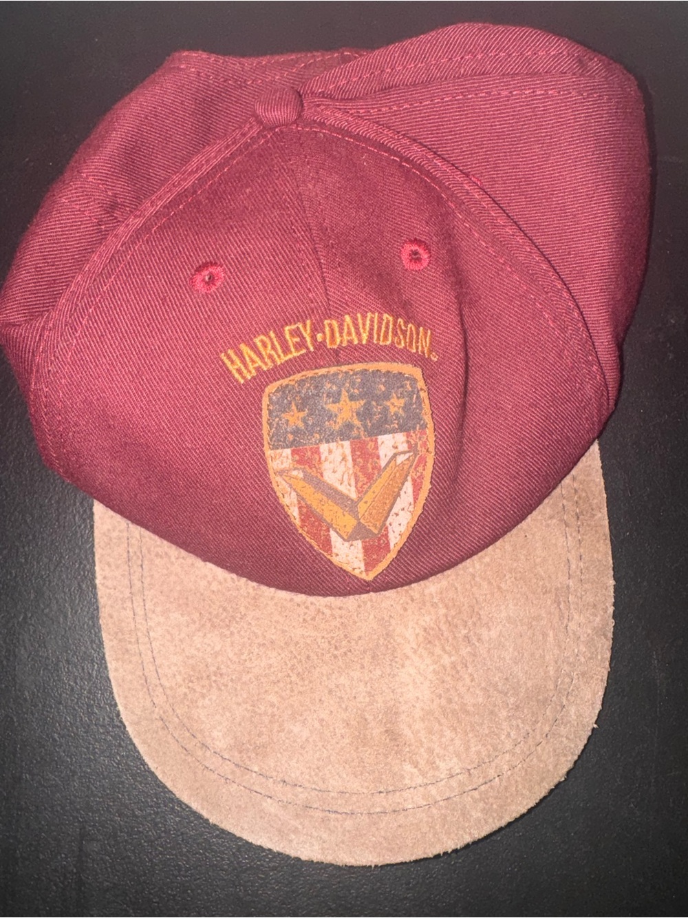 Vintage Harley-Davidson Maroon Cap with Tan Suede Brim
